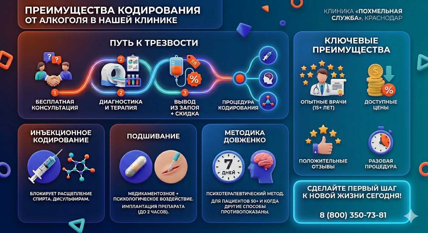 Инфографика о методах кодирования от алкоголя в Зональном: инъекции, подшивание, метод Довженко. Преимущества клиники и этапы лечения.