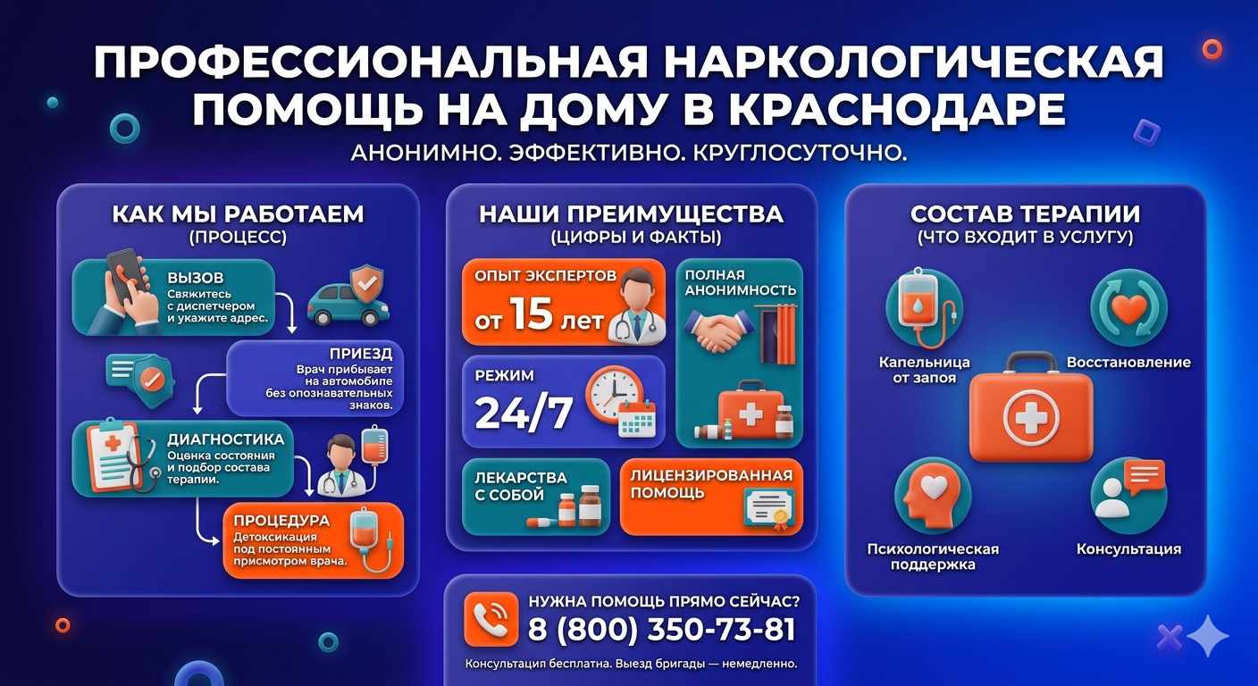Инфографика о принципах лечения алкоголизма на дому в Зональном: этапы вызова нарколога, преимущества анонимной детоксикации и состав медицинской помощи.